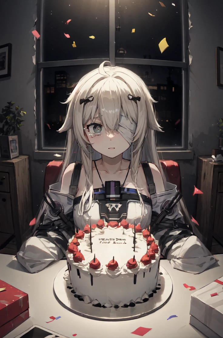 white hair, long hair, white dress, sleeves past fingers, grey eyes, bandage over one eye, white dress, sleeves past fingers, upper body, suspenders
(wide-eyed:1.2), parted lips, tears, birthday party, indoors, presents, balloons, (confetti:1.2), warm lighting, house, living room, table, birthday cake, sitting, candles, party streamers, (frog plushie:1.2)
BREAK (broken window:1.2),( cracked walls:1.2), night, dark, shattered glass, volumetric lighting, subsurface scattering, wood walls
 <lora:21-31(3):1>