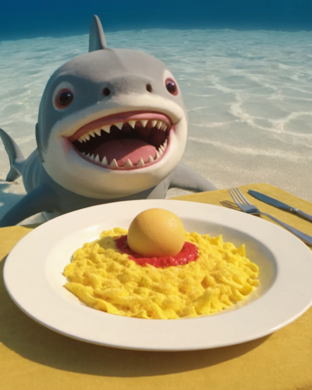sun being eated by a shark,epic,masterpiece,best quality <lora:teletubbiesxl:0.6>,teletubbiesxl