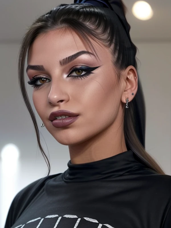gquality, <lora:martu:1> martu, 1girl, solo, looking at viewer, long hair, shirt, earrings, ponytail, portrait, makeup, realistic, teeth, lipstick, black shirt, blurry background, eyeshadow, eyeliner, mascara