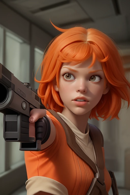 l33l00, holding a gun in her right hand, short orange hair <lora:l33l00:1.0>
