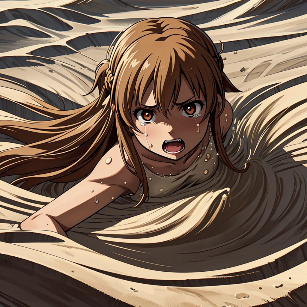 <lora:LCM_LoRA_Weights_SD15:1>,masterpiece,best quality,highly detailed,1girl,solo,scared,panicking,constricted pupils,screaming,raised eyebrows,wide-eyed,crying,tears,
<lora:asuna_(sao)_v1:0.7>,aaasuna,long hair,brown hair,braid,brown eyes,
BREAK
<lora:sandSinking:0.4>,desert,in sand,sand dust,(((sinking in sand,submerged in sand))),