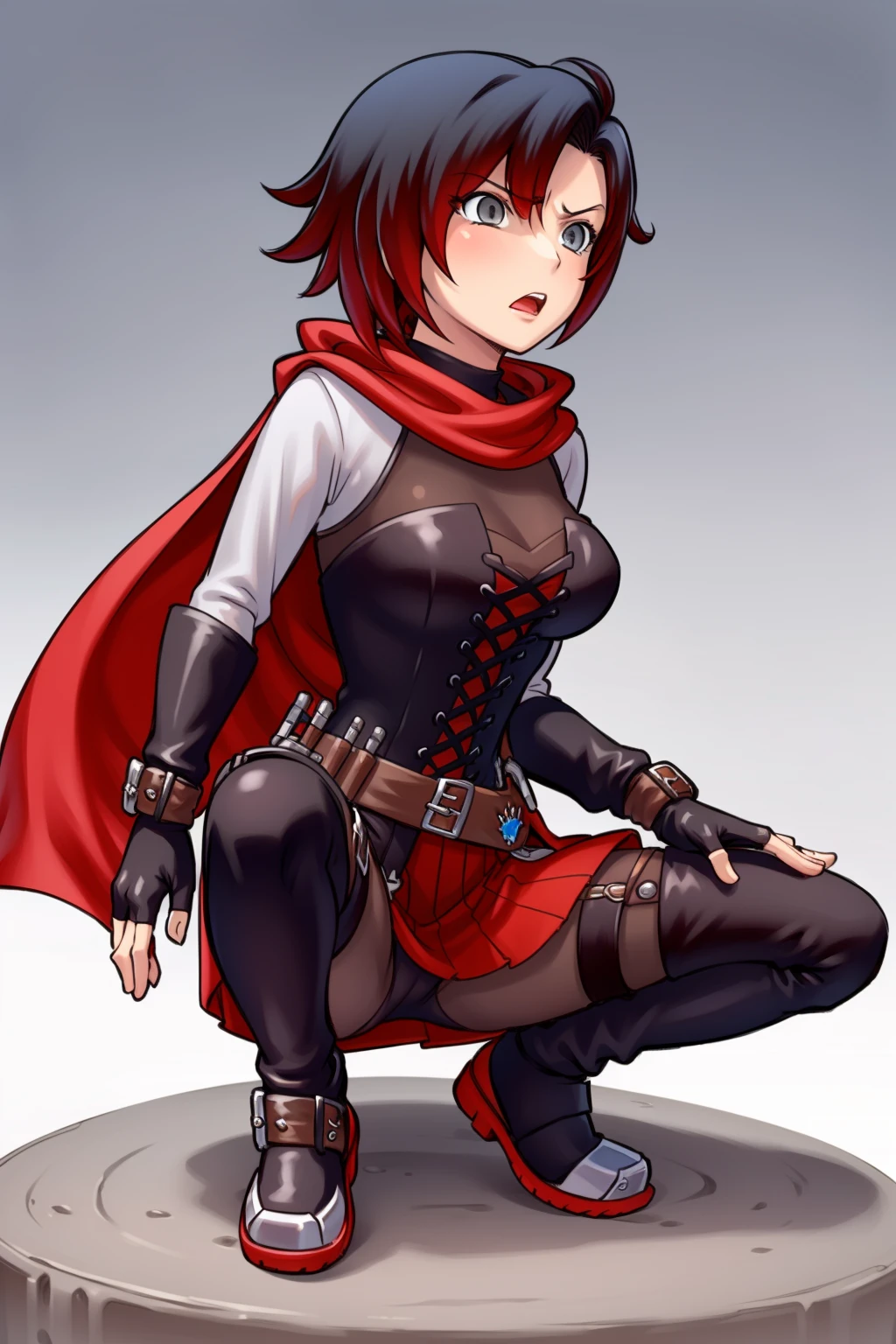 masterpiece,best quality,extremely detailed,(Ruby Rose from RWBY), <lora:RubyAtlas-05:1> atlasrose, 1girl, solo, black hair, skirt, fingerless gloves, grey eyes, red cape, pantyhose, belt, red skirt, corset, thigh boots, full body, angry,squatting,