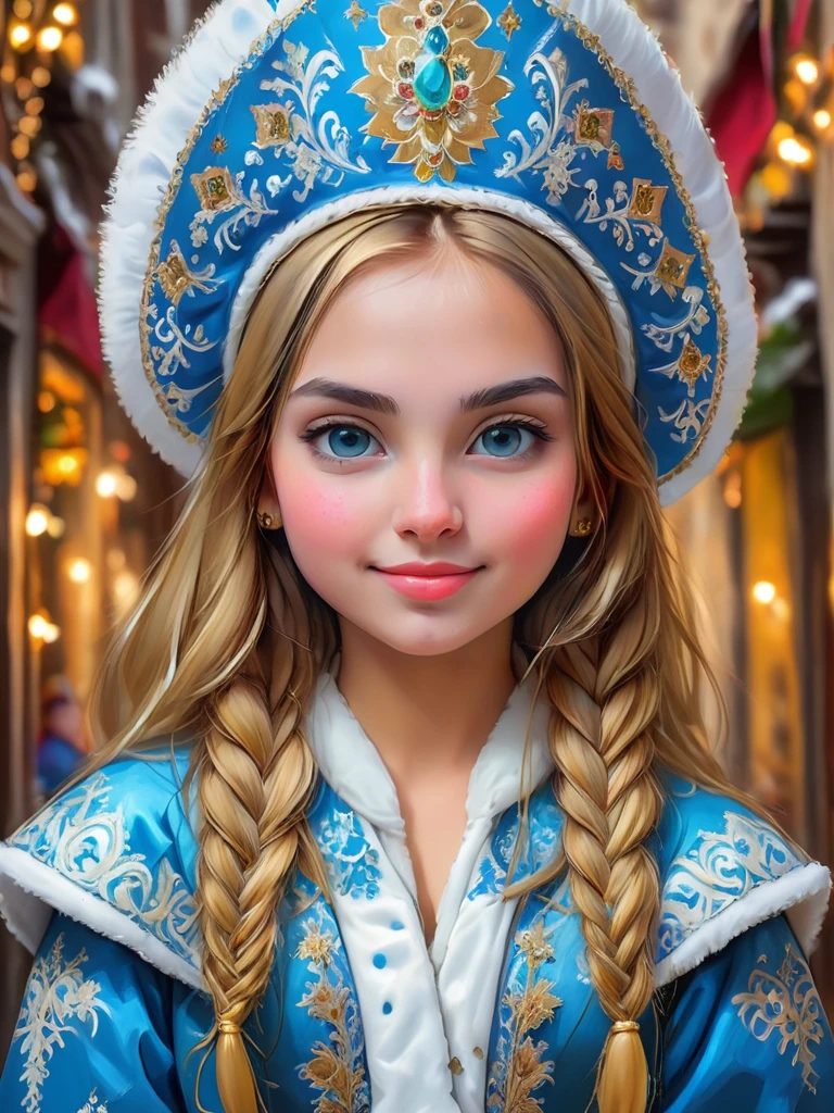 Renaissance style abstract expressionist painting waist portrait of cute girl wearing kokoshnik, top view, new year street celebration background, <lora:Kokoshnik:1.0> . energetic brushwork, bold colors, abstract forms, expressive, emotional . Realistic, perspective, light and shadow, religious or mythological themes, highly detailed