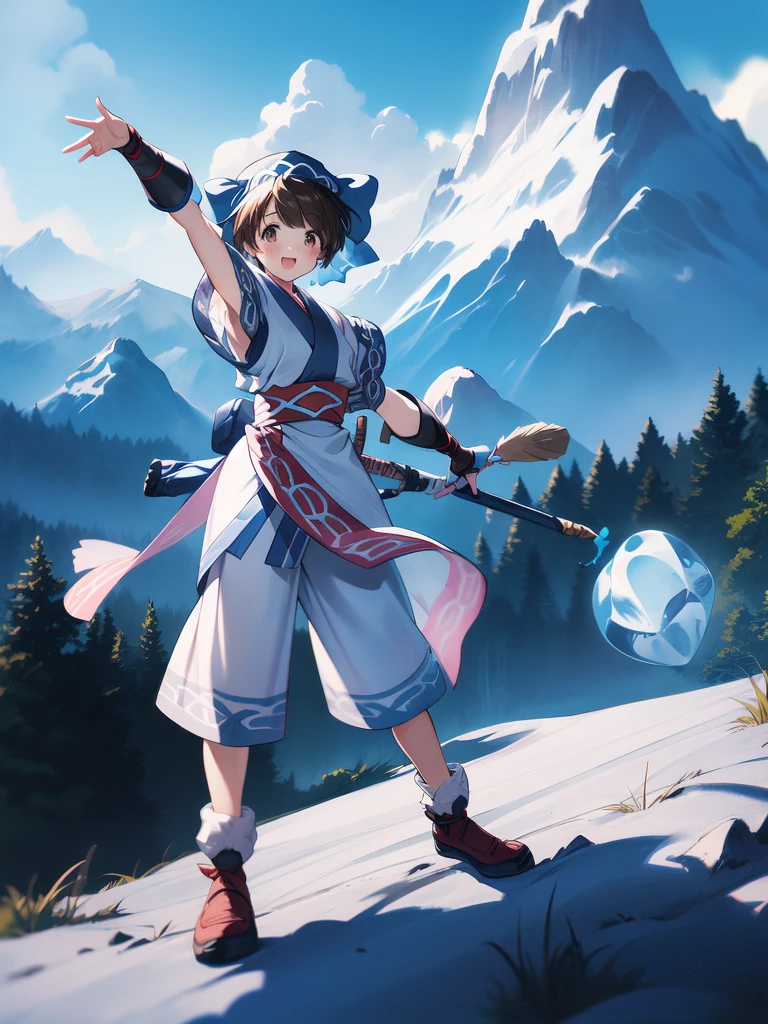 <lora:Rimururu:1>Rimururu, 1girl, ainu clothes, solo, armpits, ice, open mouth, full body, weapon, smile, looking at viewer, crystal, pants, bow, short sleeves, bangs, sheath, sleeveless, fingerless gloves, blush, gloves
1990s \(style\), anime, anime_screencap, animated gif, mp4 ,video, animated,
retro artstyle,
snowy mountain, ((((masterpiece)))), high quality, very_high_resolution, large_filesize, full color, masterpiece, best quality,4k,8k,