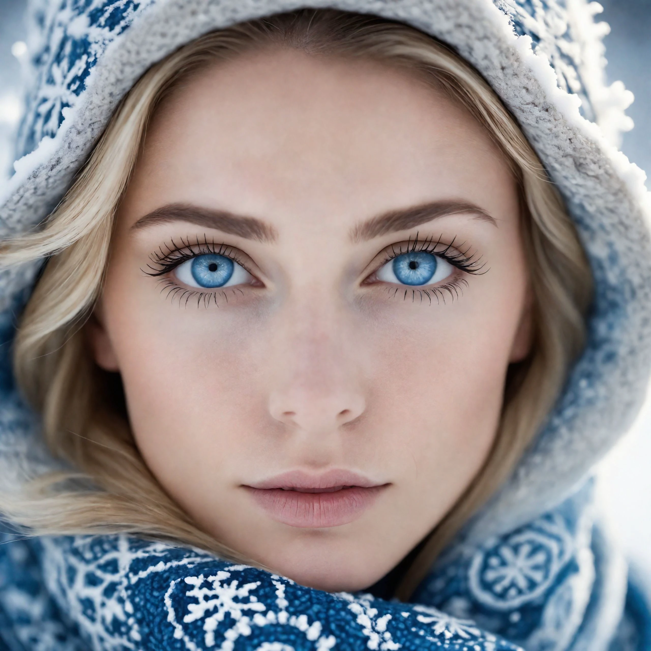 cinematic film still a 35 year old woman with snow-inspired macroscopic patterns. bright blue eyes. Highlight concentric circles, dendritic, and lattice patterns in her clothing and background, using a wintry palette of blues, whites, and silvers. Aim for a serene expression and soft, diffused lighting to emphasize the delicate snowflake textures. <lora:btty:1> <lora:Cinematic Hollywood Film:1.5>, cinematic  photorealistic, 8k uhd natural lighting, raw, rich, intricate details, key visual, atmospheric lighting, 35mm photograph, film, bokeh, professional, 4k, highly detailed . shallow depth of field, vignette, highly detailed, high budget, bokeh, cinemascope, moody, epic, gorgeous, film grain, grainy
