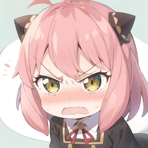 1girl, anya \(spy x family\), female child, solo, pink hair, eden academy school uniform, school uniform, looking at viewer, child, blush, ahoge, dress, parody, meme, black dress, bangsï¼(Angry:1.3)<lora:anya1.5v1:1>