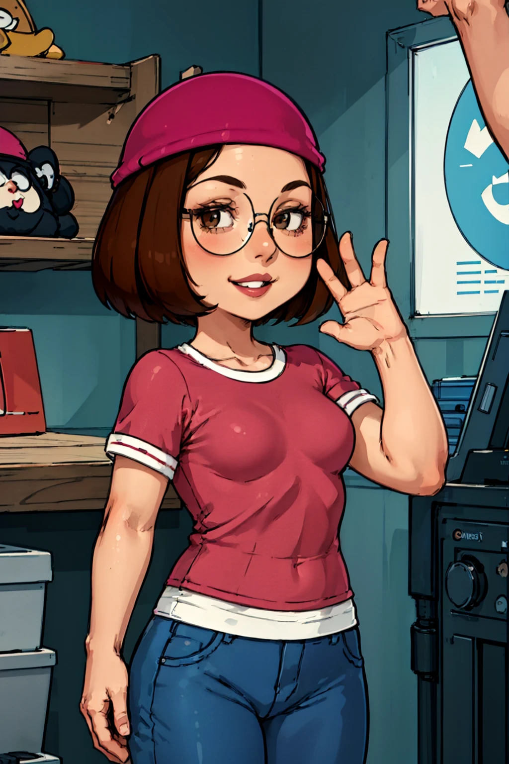 meg, brown hair, 1girl, glasses, short hair, solo, flat color, hat, shirt, pants, breasts, pink headwear,smile, looking at viewer, <lora:Meg(FG)-000008:0.7>