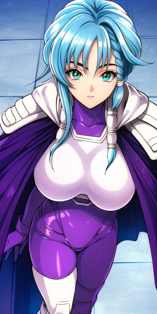 <lora:aoi_karinV2:.9> aoi_karin, huge_breasts, standing, solo, Purple_bodysuit_White_Pauldrons_White_breastplate_Asymmetrical_legwear_White_thighhighs_hood_down_Purple_Cape, masterpiece, best quality, detailed face, detailed eyes, highres,
