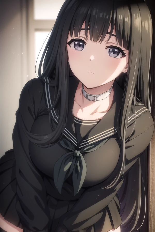 rinnebyakuya, <lora:rinne byakuya ova-lora-nochekaiser:1>,
rinne byakuya, long hair, bangs, black hair, (black eyes:1.5), blunt bangs,
BREAK skirt, thighhighs, long sleeves, school uniform, serafuku, choker, black thighhighs, black skirt, collar, zettai ryouiki, black serafuku,
BREAK indoors, classroom,
BREAK looking at viewer, (cowboy shot:1.5),
BREAK <lyco:GoodHands-beta2:1>, (masterpiece:1.2), best quality, high resolution, unity 8k wallpaper, (illustration:0.8), (beautiful detailed eyes:1.6), extremely detailed face, perfect lighting, extremely detailed CG, (perfect hands, perfect anatomy),