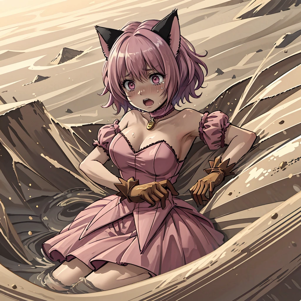 <lora:LCM_LoRA_Weights_SD15:1>,masterpiece,best quality,highly detailed,1girl,solo,scared,panicking,constricted pupils,screaming,raised eyebrows,wide-eyed,crying,tears,
<lora:momomiya_ichigo_v2:0.75>,blush,bow,cat girl,cat tail,choker,cleavage,detached sleeves,dress,gloves,large breasts,magical girl,mi1,pink choker,pink dress,puffy detached sleeves,puffy sleeves,red gloves,ribbon,tail,tail bell,tail bow,tail ornament,short hair,pink hair,
BREAK
<lora:sandSinking:0.4>,desert,in sand,sand dust,(((sinking in sand,submerged in sand))),