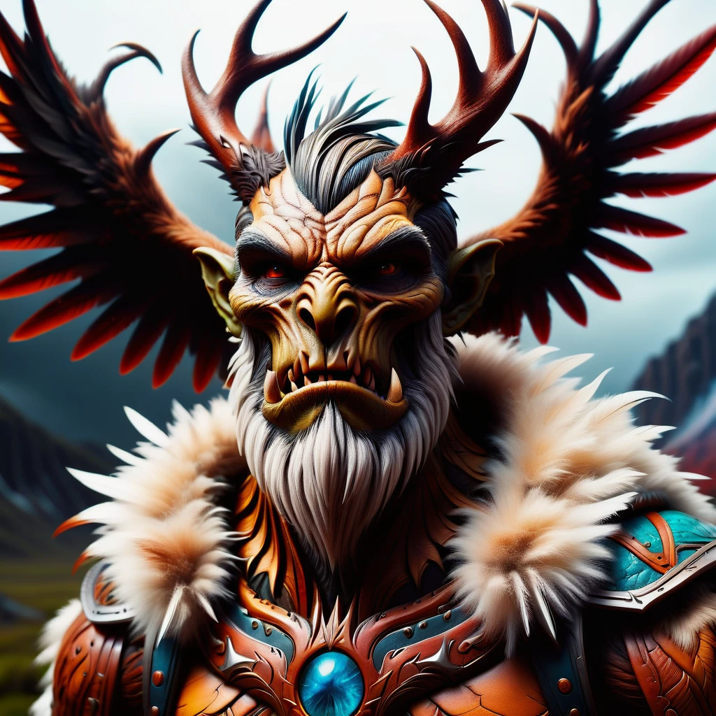 hyper detailed masterpiece, dynamic, awesome quality, DonMR31nd33rXL orc, mix of human and bird features, humanoid upper body, sharp claws, feathery wings, powerful, bird's beak, varied coloration, distinctive and eerie screeching, stormy weather and winds, vengeance, punishment, wild, predatory, malevolent <lora:DonMR31nd33rXL-000008:1>