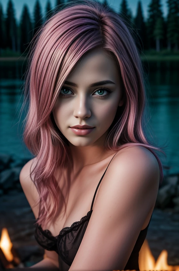 high quality fingers, normal hands, detailed fingers, masterpiece, (realistic, photo-realistic:1.37), (22 years old woman), medium breast, small waist, pink hair, green eyes, beautiful face, perfect illumination, beautiful detailed eyes, looking at viewer, stunningly beautiful woman, detailed hairstyle, ((campfire, night time, lake))<lora:Detail Slider V2 By Stable :0.4> <lora:NOISEOFFSET_V2_BY_STABLE_YOGI:0.8>