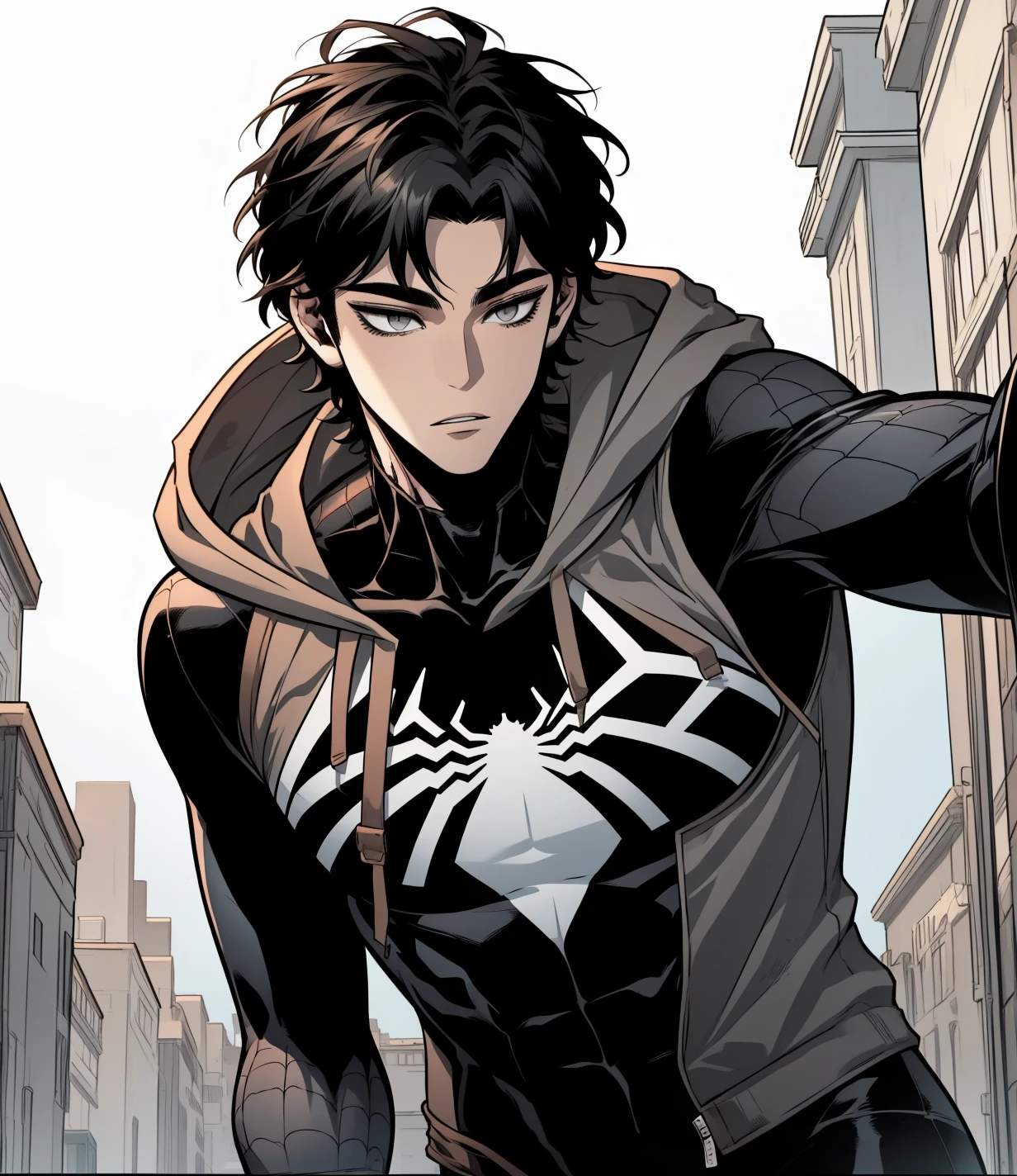 spider_oc, Jaehwan, 1boy, black hair, grey eyes, jacket, hood, (grey bodysuit: 1.21), superhero, hooded bodysuit, (solo: 1.1), <lora:spider_oc-06:1>, <lora:mika-09:0.8>