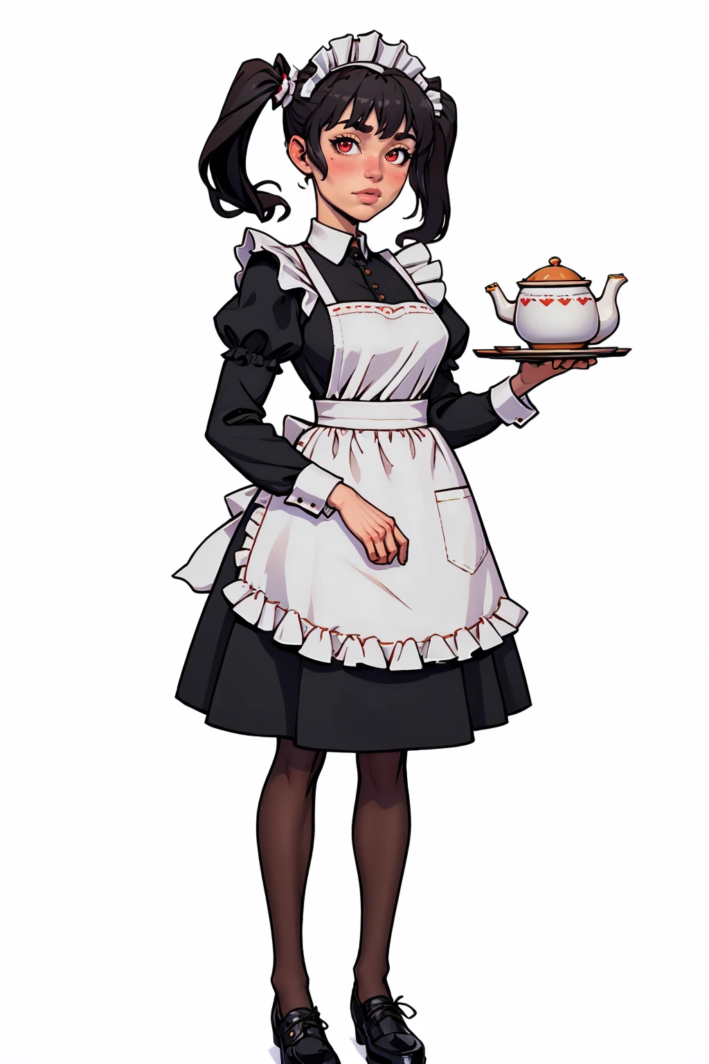 (masterpiece, best quality:1.2), <lora:warlockandboobs:1>, warlockandboobs, 1girl, solo, red eyes, maid, tray, apron, black hair, pantyhose, white pantyhose, holding, maid headdress, twintails, cup, white background, full body, teapot, simple background, holding tray, black footwear, long hair, dress, frills, looking at viewer, shoes, bangs, black dress, maid apron, long sleeves, teacup, standing, white apron, puffy sleeves, blush, heart