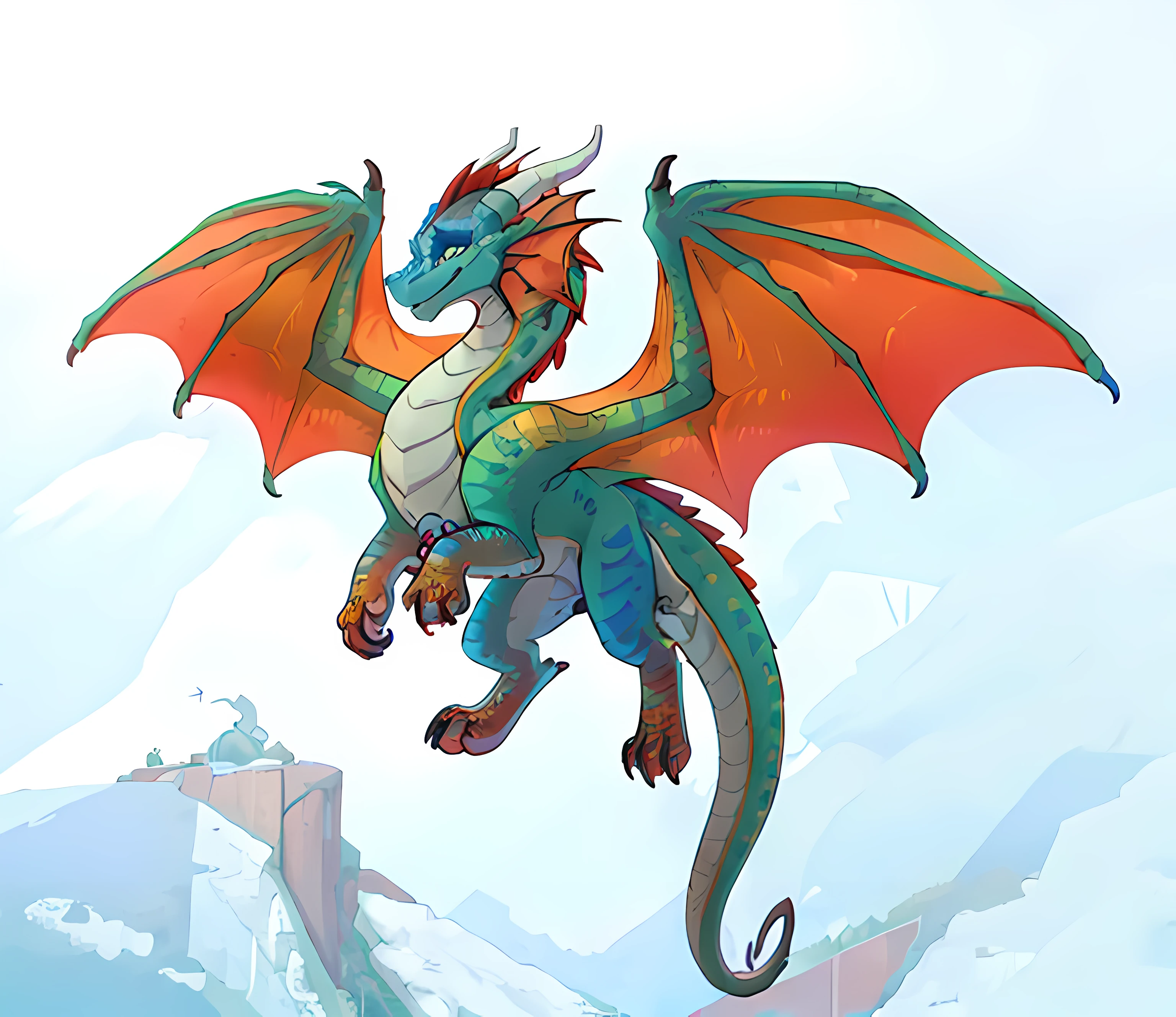 smiling, ((high resolution illustration)), ((extremely detailed)), (masterpiece), (Dragon Glory:1), smiling, (flying:1), (white background:1.4), (cute), adorable, <lora:Dragon Glory:0.8>, green body, orange paws, orange wings, rainbow dragon, dragon, four legs