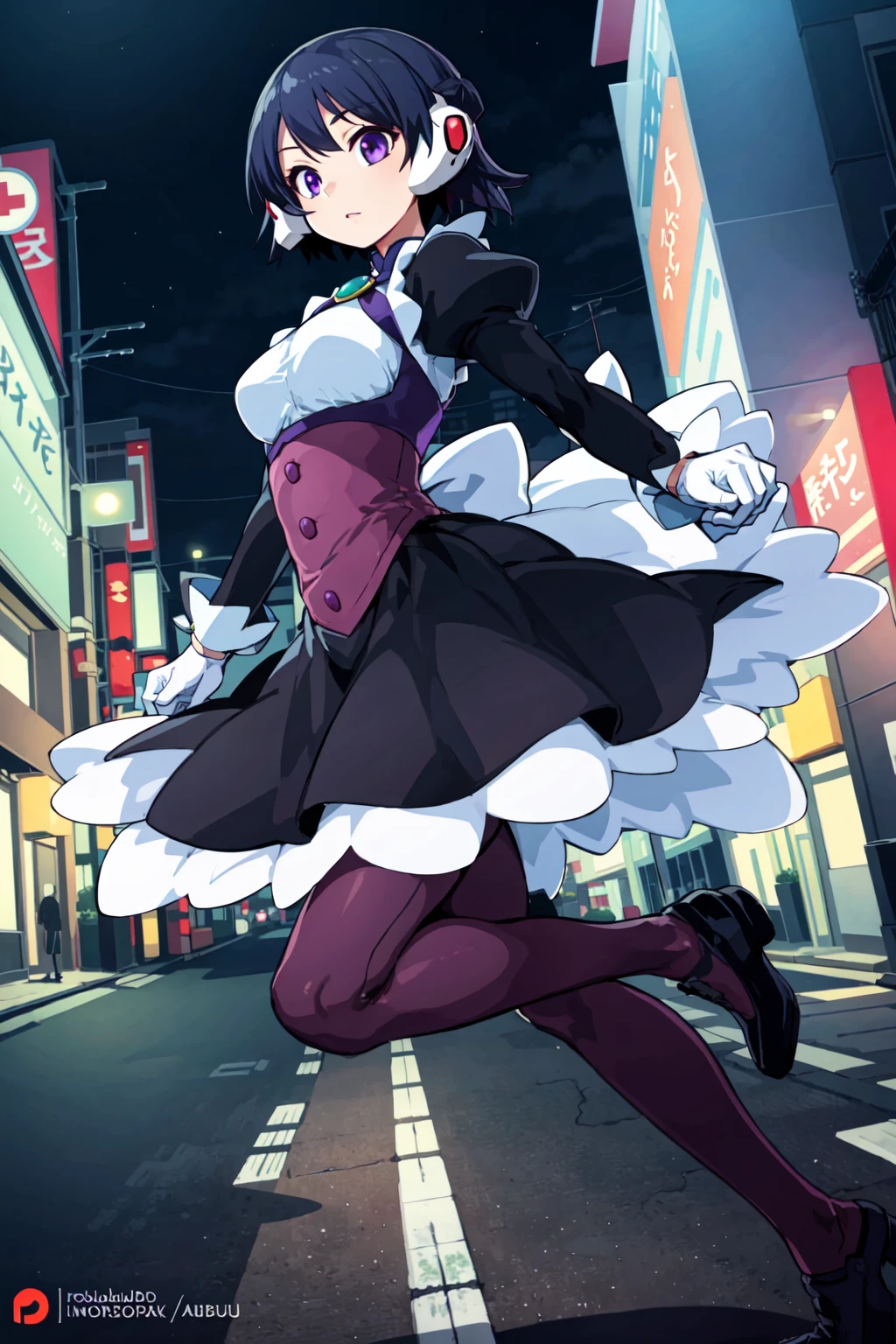 (masterpiece:1.2), best quality, ultra high res, unity 8k wallpaper, (illustration:1.0), (beautiful detailed eyes:1.6), extremely detailed face, Cinematic lighting, high contrast , clear color, (perfect hands,perfect anatomy), (dynamic angle and pose:1.3), best angle, (1girl, solo:1.5), smooth, simple, BREAK
corrector ai, shinozaki ai, black hair, (purple eyes:1.2), short hair, BREAK
puffy sleeves, purple pantyhose, gloves, white gloves, dress, robot ears, black dress, black skirt, BREAK
(night:1.4), (azabu juban:1.4), (downtown:1.4), (street:1.4), (walking:1.4),