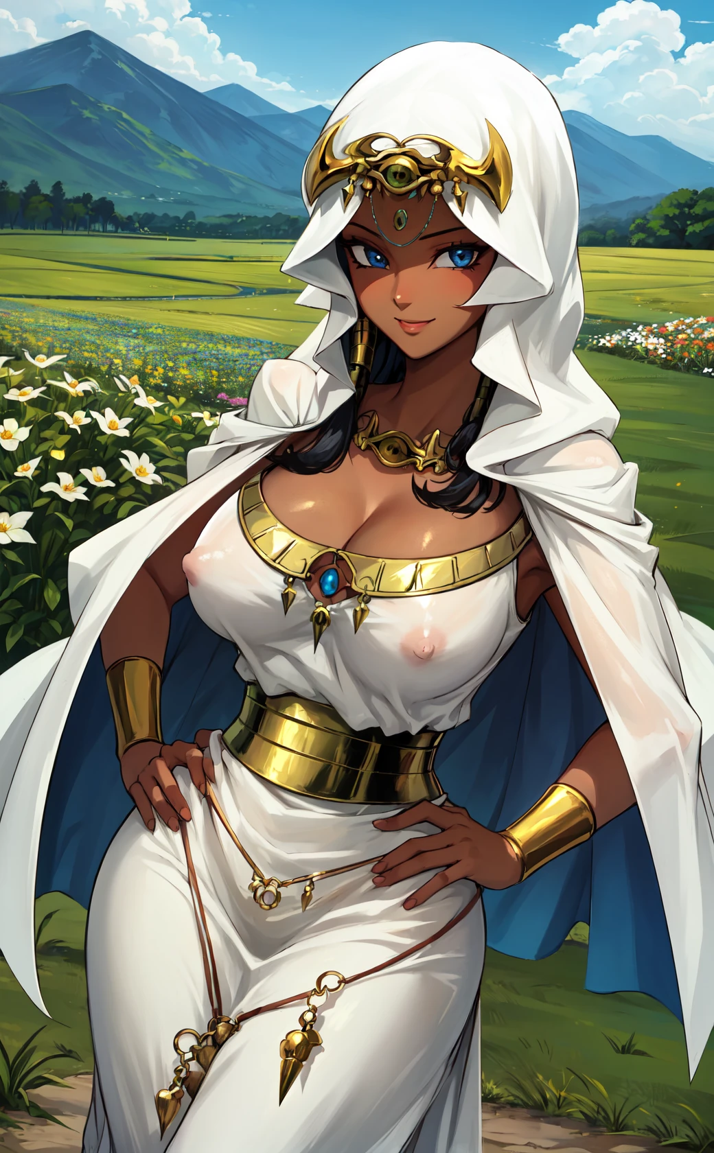 masterpiece, best quality, outdoors, grass, field, flower field,
1girl, solo, long hair, breasts, looking at viewer, smile, blue eyes, black hair, cleavage, jewelry, dark skin, hood, necklace, huge breasts, covered nipples, dark-skinned female, hand on hip, cloak, egyptian, egyptian clothes, eye of horus,
<lora:LoRA_Ishizu:1>