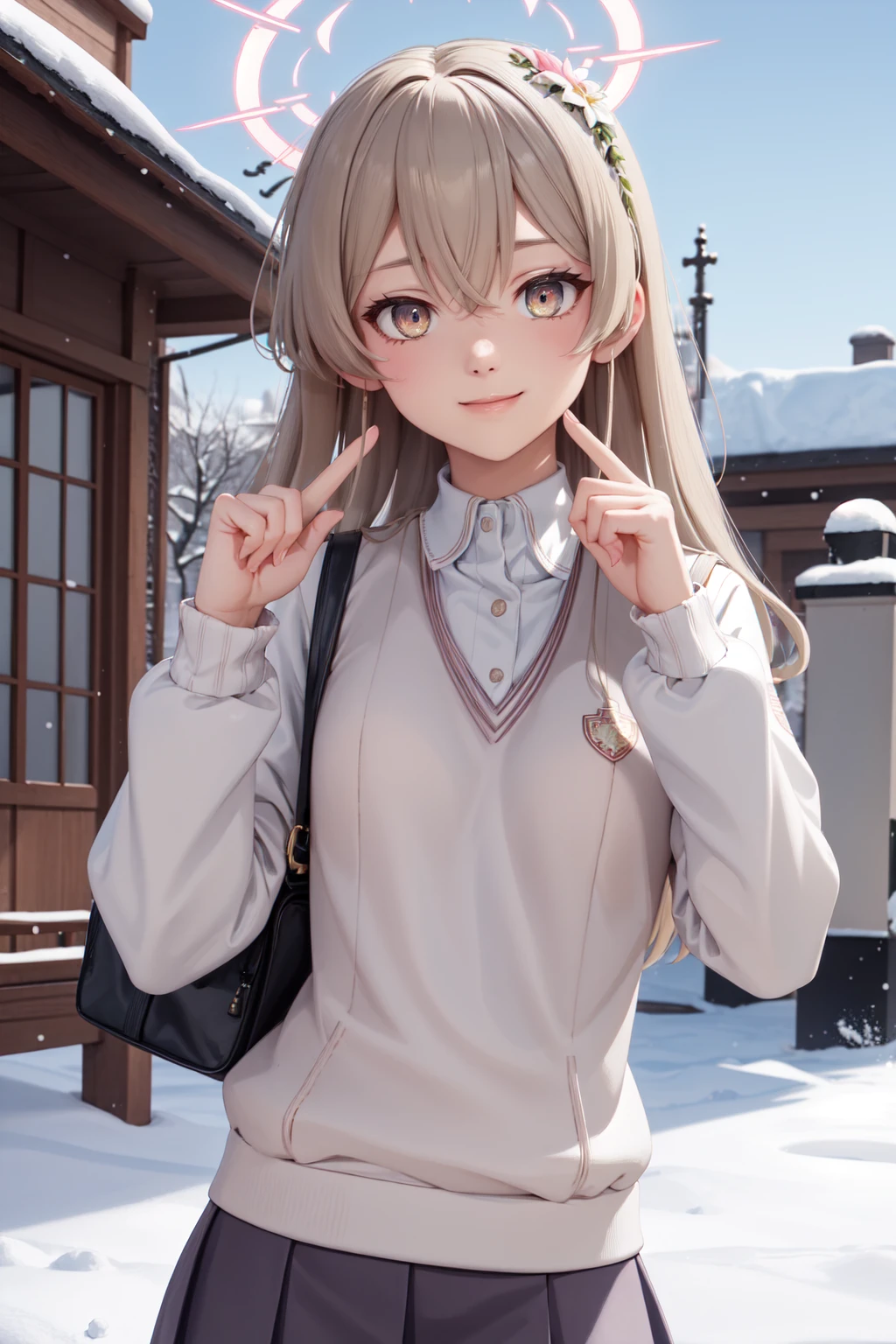 (masterpiece:1.3), (absurdres:1.3), (best quality:1.3), (ultra-detailed:1.3), snow, outdoors, upper body, index finger raised, smile, 1girl, nagisa-fi, halo, <lora:nagisa-fi-09:1>, tokiwadai school uniform,  <lora:tokiwadai_school_uniform:1>