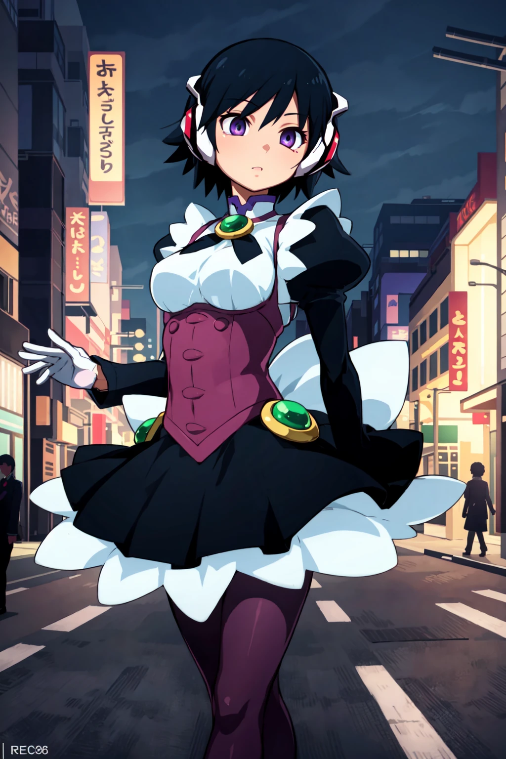 (masterpiece:1.2), best quality, ultra high res, unity 8k wallpaper, (illustration:1.0), (beautiful detailed eyes:1.6), extremely detailed face, Cinematic lighting, high contrast , clear color, (perfect hands,perfect anatomy), (dynamic angle and pose:1.3), best angle, (1girl, solo:1.5), smooth, simple, BREAK
corrector ai, shinozaki ai, black hair, (purple eyes:1.2), short hair, BREAK
puffy sleeves, purple pantyhose, gloves, white gloves, dress, robot ears, black dress, black skirt, BREAK
(night:1.4), (azabu juban:1.4), (downtown:1.4), (street:1.4), (walking:1.4),
