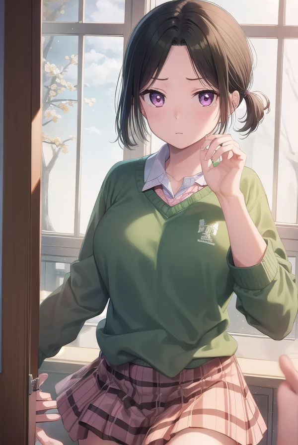 asahishounan, <lora:asahi shounan manga-lora-nochekaiser:1>,
asahi shounan, short hair, ponytail, (parted bangs:1.5), (pink eyes:1.3),
BREAK skirt, plaid, plaid skirt, sweater, long sleeves, shirt, white shirt, collared shirt, (green sweater:1.5),
BREAK indoors, classroom,
BREAK looking at viewer, (cowboy shot:1.5),
BREAK <lyco:GoodHands-beta2:1>, (masterpiece:1.2), best quality, high resolution, unity 8k wallpaper, (illustration:0.8), (beautiful detailed eyes:1.6), extremely detailed face, perfect lighting, extremely detailed CG, (perfect hands, perfect anatomy),