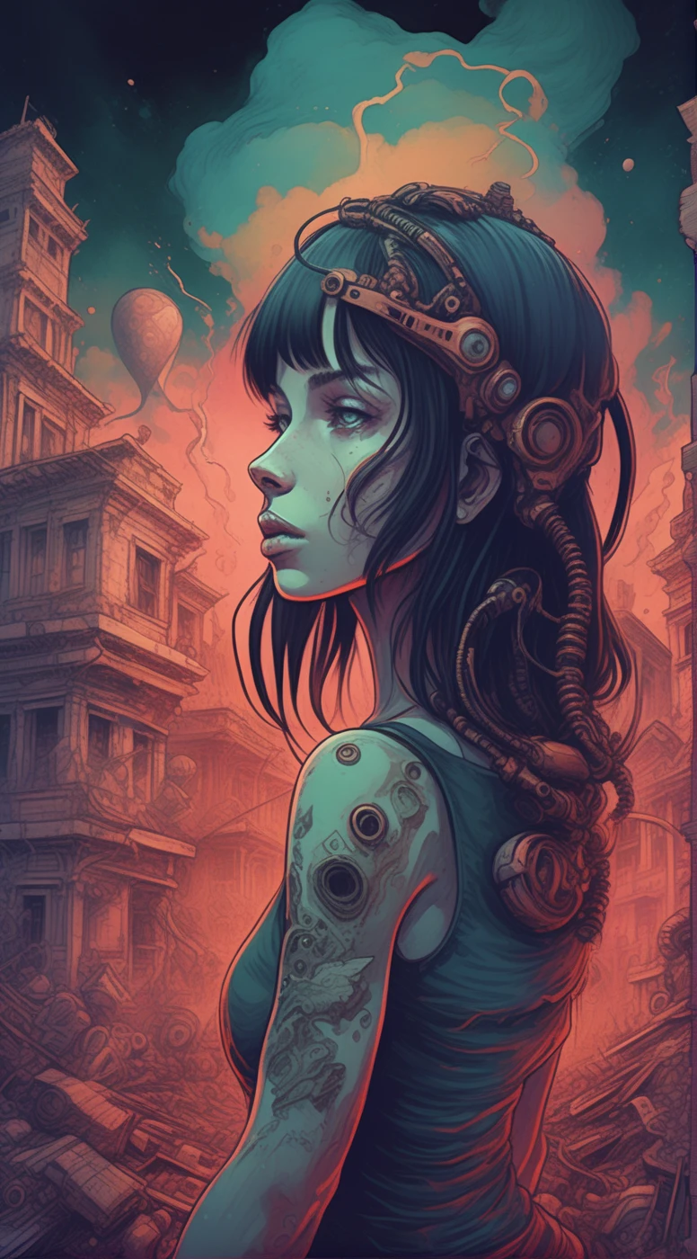 drawix4 cyborg girl, lovers, destroyed buildings and a group of people in the background, a dark and mysterious world unfolds, enigmatic dreamscape surrealistic <lora:drawix4:1>