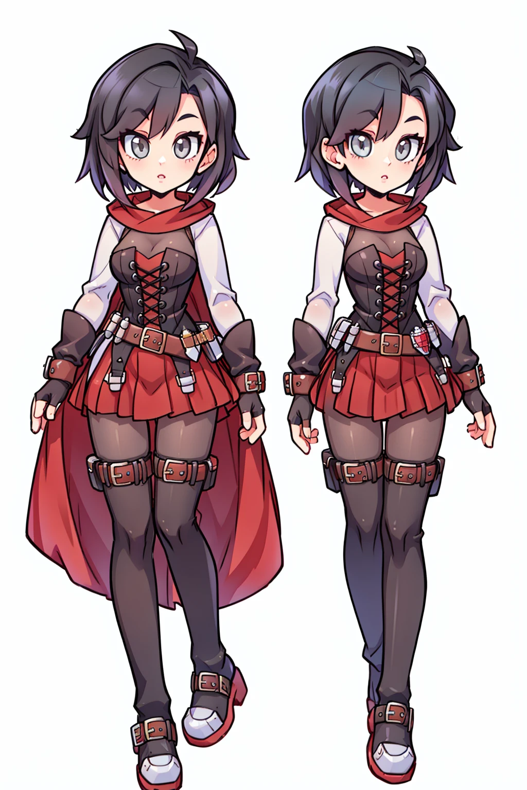 <lora:RubyAtlas-05:0.8> ruby rose,atlasrose, black hair, grey eyes, red cape, white shirt, pantyhose, belt, red skirt, corset, thigh boots, fingerless gloves,masterpiece,best quality,extremely detailed, <lora:Pynkblud:0.8>