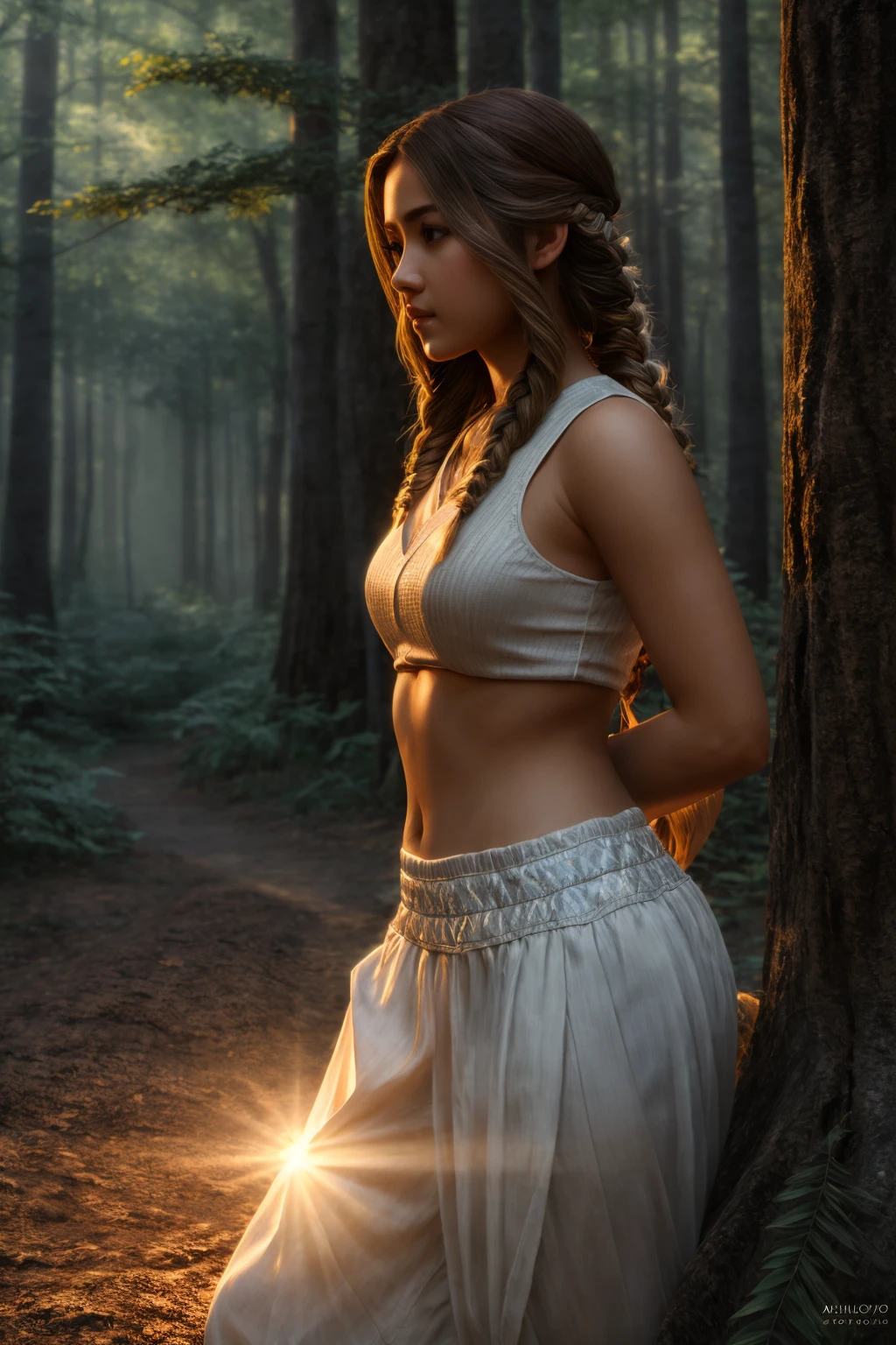 <lora:Thai_pants_v1-000009:1> masterpiece of photorealism, photorealistic highly detailed 8k photography, best cinematic quality, volumetric lighting and shadows, fishtail braid white young woman in thpnt, Glowing Firefly Forest Dramatic Low-Angle Shot with Sun Flare