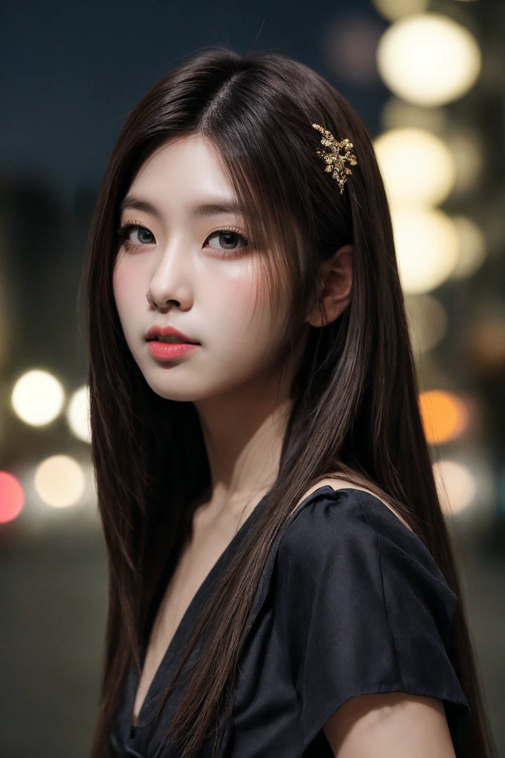 ((upper body:1.2)), nikon RAW photo, 8 k, long hair, Fujifilm XT3,masterpiece, best quality, realistic, photorealistic, ultra detailed, extremely detailed face, solo,1girl, standing, fashionable and trendy atmosphere, and a stylish expression on her face, close up, black dress, walking, at the dark streets, moonrise, sleeveless, fabric clothes,<lbm=FACES>