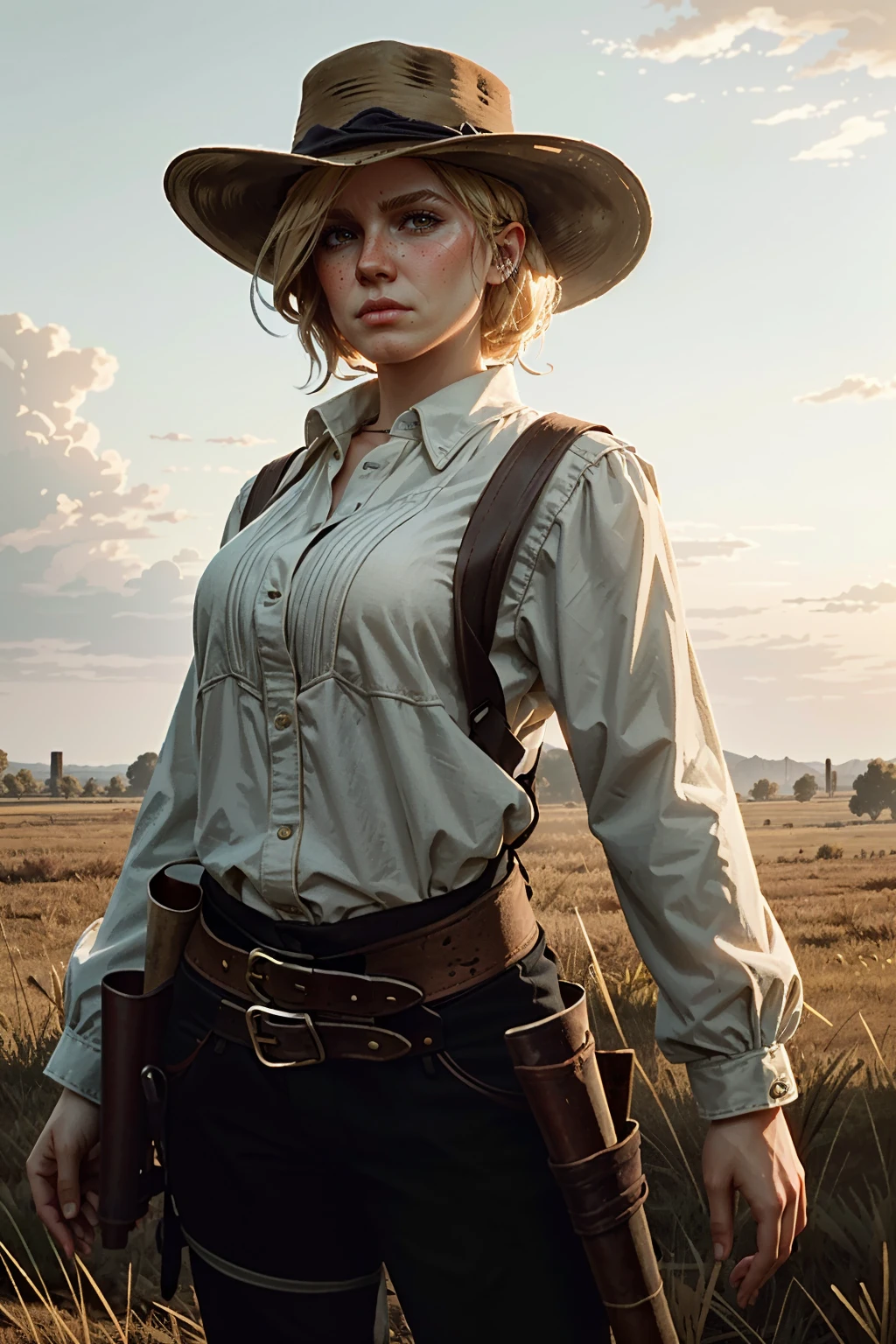 ((ultra detailed, masterpiece, best quality))
<lora:RDR2Sadie:0.8>
RDR2Sadie, 1girl, solo, blonde hair, Amidst a prairie landscape, wide-brimmed hat, the golden hour sunlight bathing the open range, standing tall with a hand on a holstered revolver