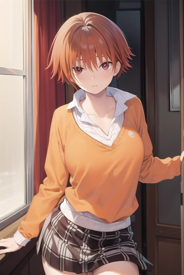 tomonanba, <lora:tomo nanba manga-lora-nochekaiser:1>,
tomo nanba, short hair, (red hair:1.5), (red eyes:1.3),
BREAK skirt, plaid, plaid skirt, sweater, long sleeves, shirt, white shirt, collared shirt, (orange sweater:1.5),
BREAK indoors, classroom,
BREAK looking at viewer, (cowboy shot:1.5),
BREAK <lyco:GoodHands-beta2:1>, (masterpiece:1.2), best quality, high resolution, unity 8k wallpaper, (illustration:0.8), (beautiful detailed eyes:1.6), extremely detailed face, perfect lighting, extremely detailed CG, (perfect hands, perfect anatomy),