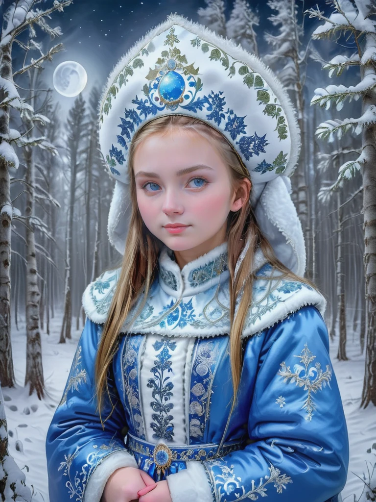 HDR photo of hyperrealistic art waist portrait of cute girl wearing kokoshnik, winter forest mystic background, moon, <lora:Kokoshnik:1.0> . extremely high-resolution details, photographic, realism pushed to extreme, fine texture, incredibly lifelike . High dynamic range, vivid, rich details, clear shadows and highlights, realistic, intense, enhanced contrast, highly detailed