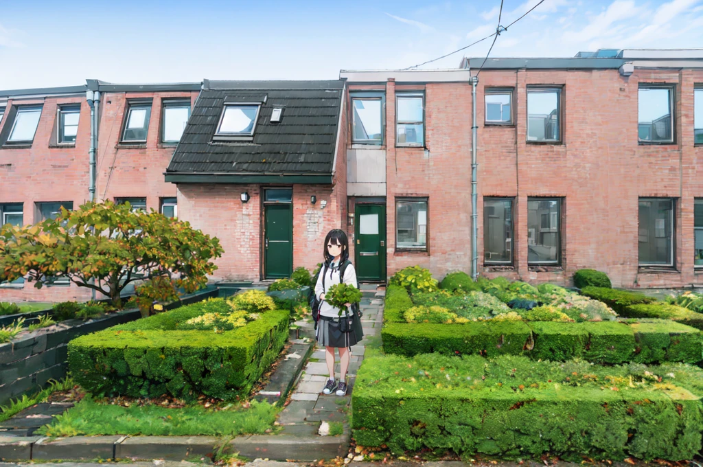 high res, 1girl, upper body, standing in front of brick row houses along a footpath with shrubbery, slanted roof, multi levelled, <lora:Grienden_Style:0.7>,  <lora:0 ALPShaiji:0.5>