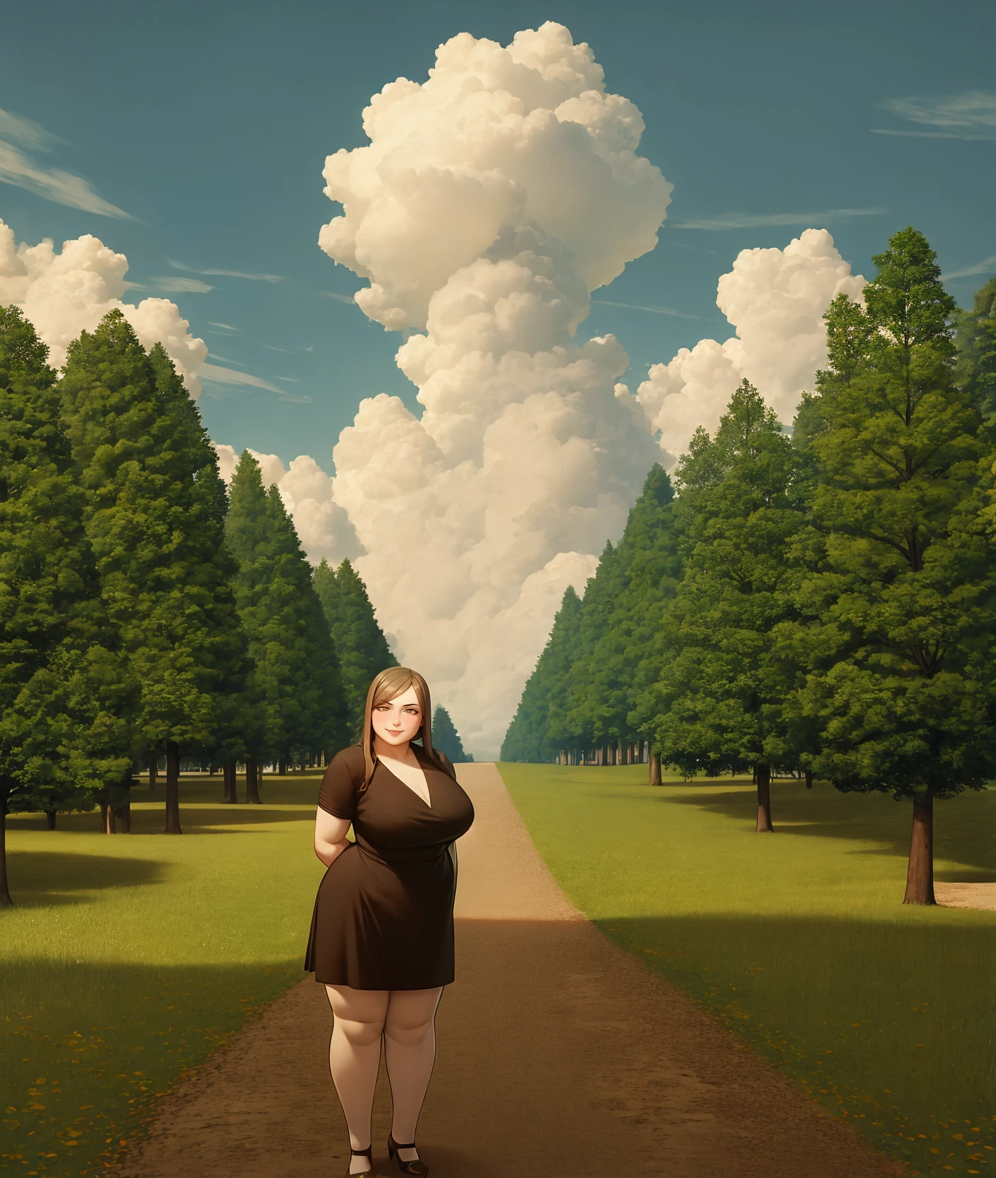 (high_aesthetic:1.2), art by betterwithsalt, art by ekusupanshon, beach, (Jean-Honoré Fragonard art style),
plump, masterpiece, impressionism, 1girl, solo, mature female, dress, cloud, sky, forest, (upper body), looking at viewer, smile, arms behind back