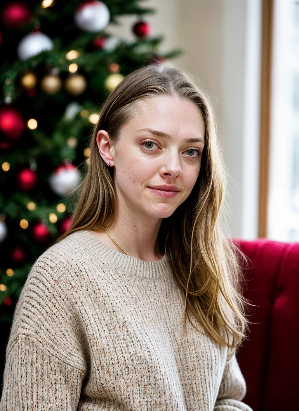 RAW photo of 20 years old amandaseyfried-ti, natural lighting, 8k uhd, dslr, high quality, film grain, Fujifilm XT3, <lora:add_detail:0.7>, by Peter Lindbergh, christmas theme, young, sweater