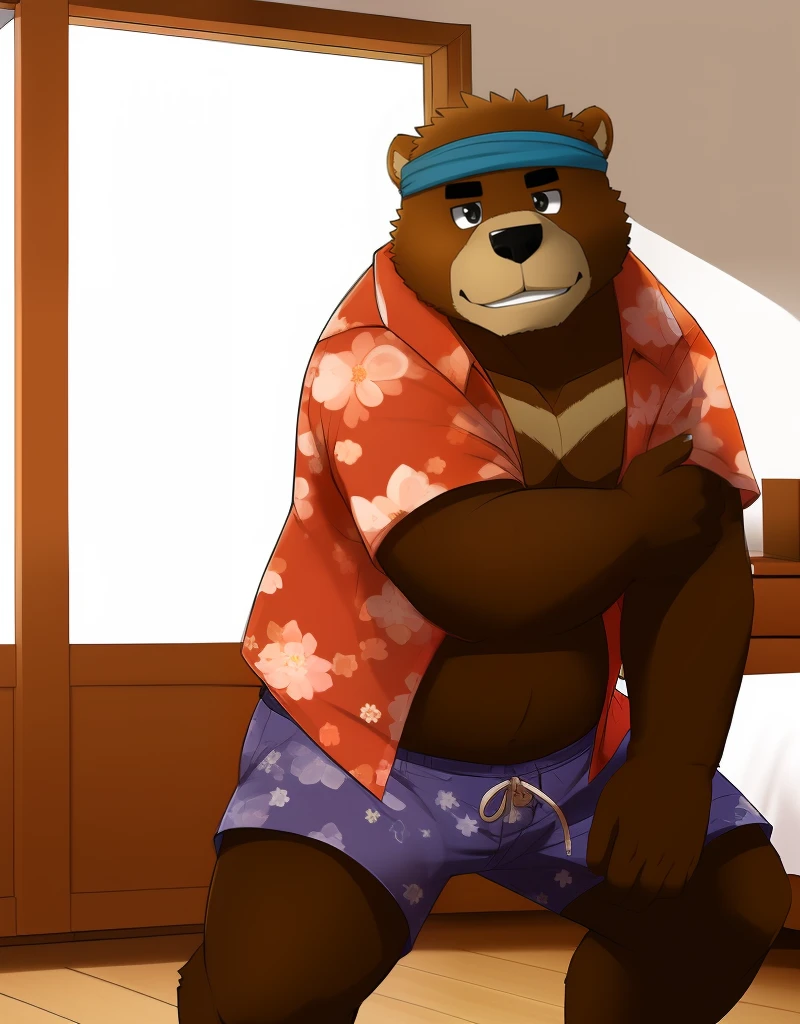 (((detailed eyes, detailed face))), (bara, kenji <lora:character_kenji_findigo_v1:0.9>, bear, short hair, spiked hair, black eyes), male, (solo), (plump, fat, chubby, overweight), (pink hawaiian shirt, blue swim trunks, headband), crouching, leaning forward, smile BREAK (konzaburou, ukan_muri, cute), bedroom, (soft shading), 8k, UHD, masterpiece