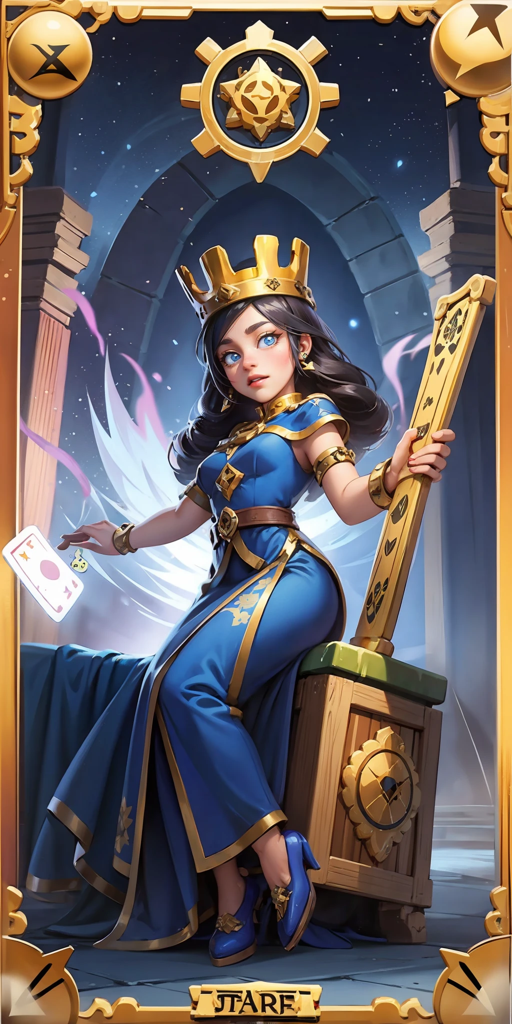 concept art,tarot cards,border,European pattern,1girl,solo,long hair,roman numerals,crown,stars (symbols),blue eyes,dress,looking at the audience,jewelry,<lora:æ¬§ç¾æ¸¸æå¡éç¾å®£2:0.6>,