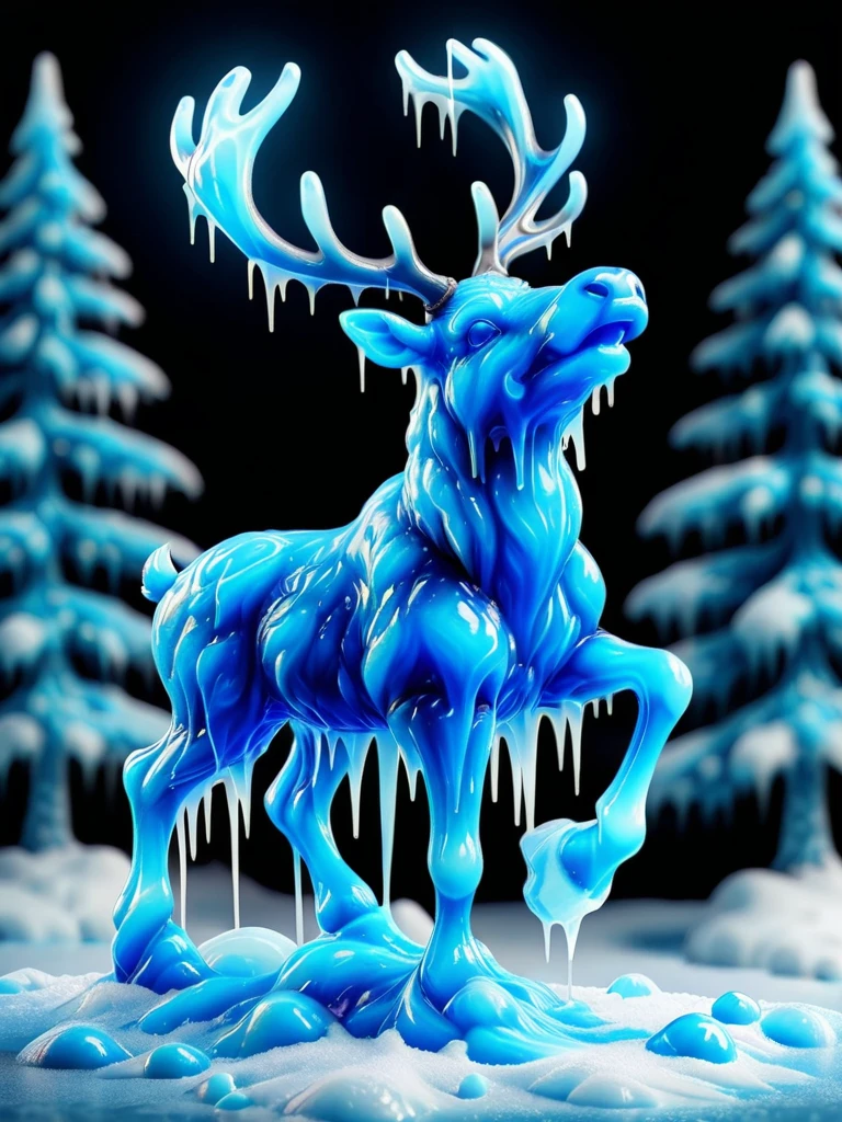 jumping raindeer with a red glowing nose made of ral-frozenslime bright blue glacial ice, transparent shiny body <lora:ral-frozenslime:1> christmas tree with led lights in the background, snow