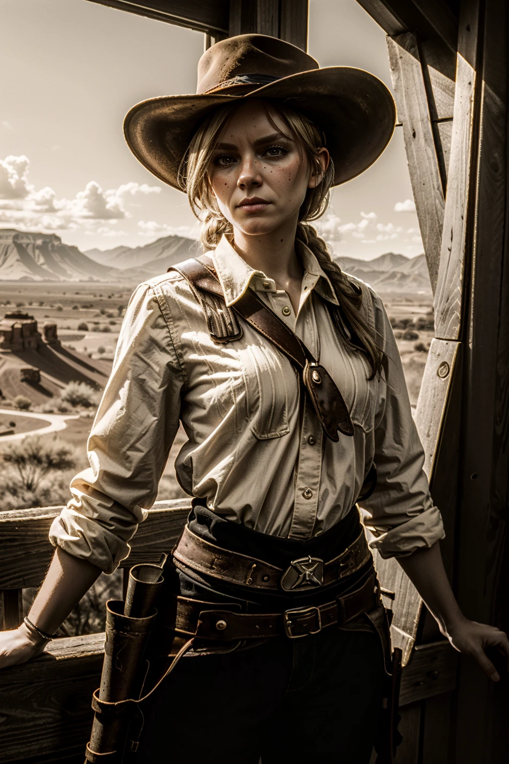 ((ultra detailed, masterpiece, best quality))
<lora:RDR2Sadie:0.8>
RDR2Sadie, 1girl, solo, blonde hair, Within a western-themed photography studio, sepia-toned filter, classic cowboy attire, posing against a backdrop of painted desert scenery