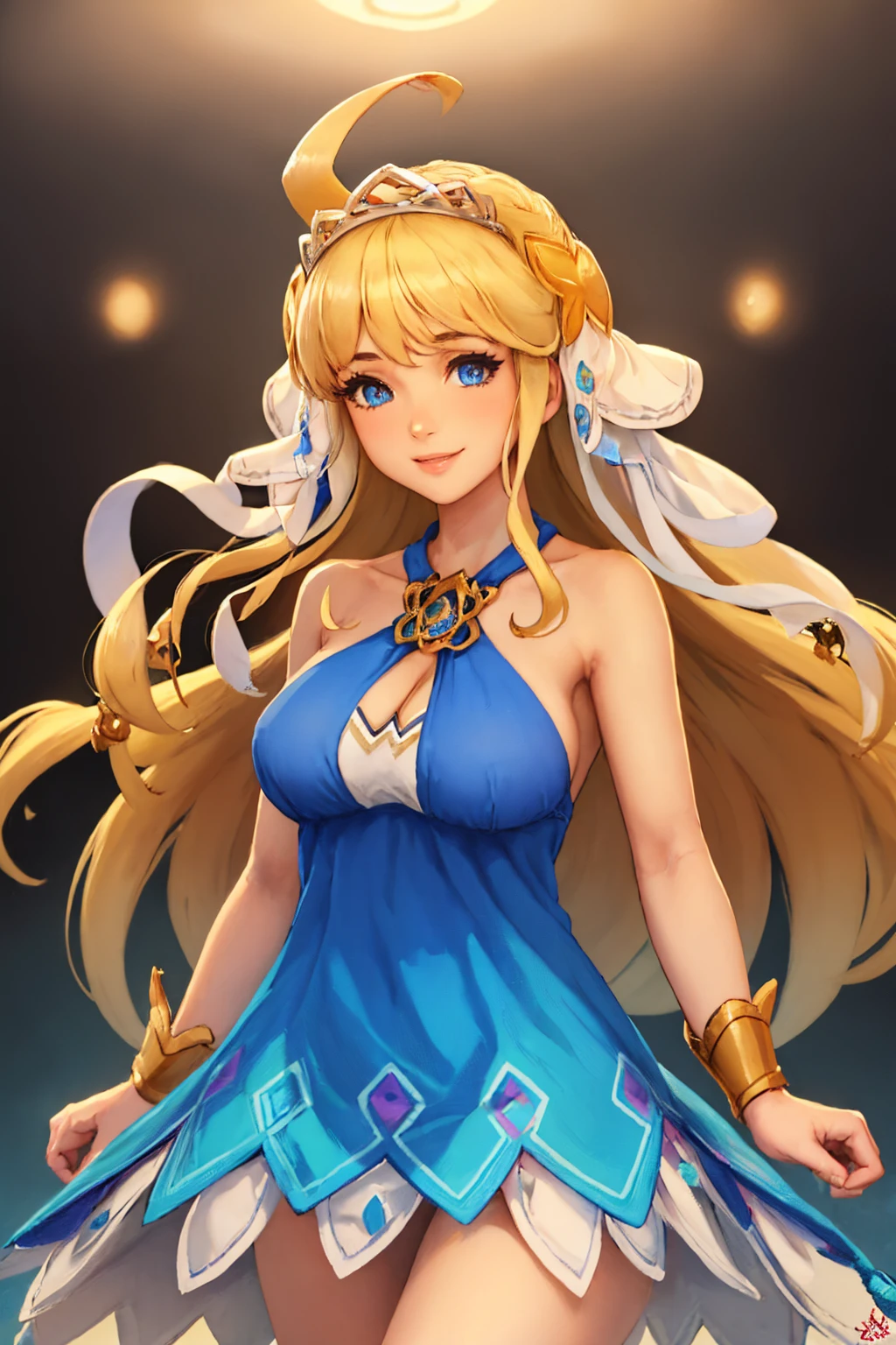 (masterpiece, best quality:1.2), solo, 1girl, zethia, smile, looking at viewer, ahoge, tiara, blue dress, sleeveless, bare shoulders, cleavage <lora:dragalialost_zethia-16:1>