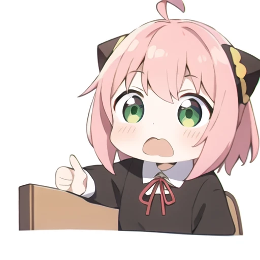 anya \(spy x family\), 1girl, pink hair, solo, white background, simple background, female child, meme, @_@, open mouth, black dress, school uniform, upper body, dress, ahoge, bangs, child, hairpods,<lora:anya1.5v1:0.8>