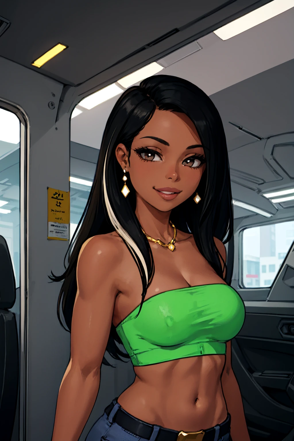 roberta, dark-skinned female, lips, 1girl, dark skin, black hair, long hair, earrings, solo, breasts, tube top, necklace,upper body, crop top, bracelet, crop top, navel, pants, belt,looking at viewer, smile, standing, two-tone hair, <lora:Roberta(1.0):0.5>
