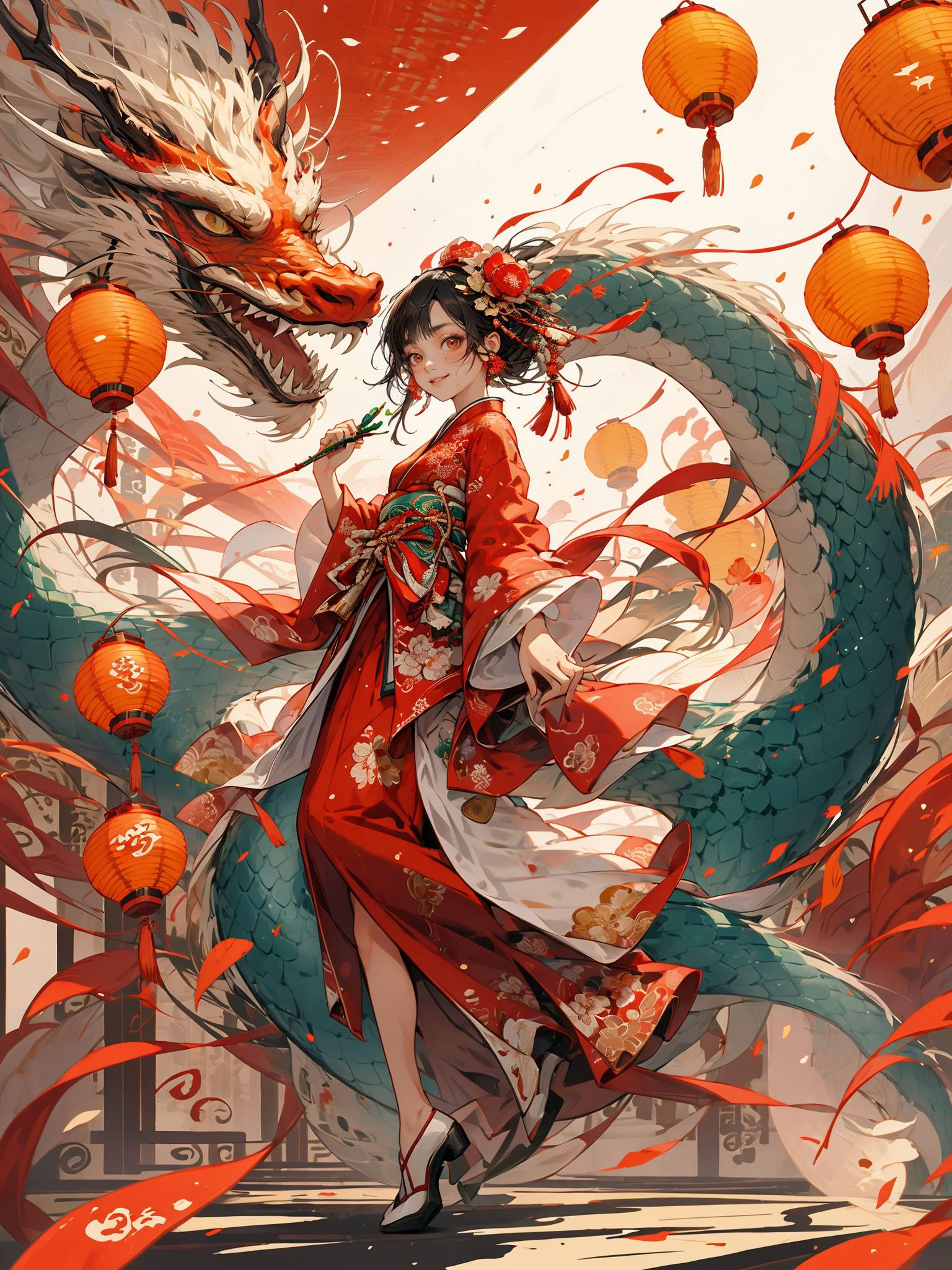 1girl, dragon, eastern dragon, black hair, braid, hair ornament, long hair, floral print, solo, holding, chinese clothes, black footwear, cloud, high heels, full body, twin braids, long sleeves, standing, sash, smoke, looking at viewer, lips, japanese clothes, hair stick, tassel, jewelry, <lora:Ink Painting_20231021234143:0.8>,Zhang Daqian's paintings, <lora:shuV2:0.4>