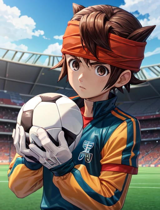 best quality, masterpiece, highres, detailed, digital artwork, <lora:Detail - add_detail:0.2>, EndouMamoru, 1boy, brown hair,  short hair, brown eyes, sportswear, raimon, headband, upper body, long sleeves, white gloves, stadium, field, interested, jojo pose, muscular, soccer ball, holding soccer ball,  <lora:Character - EndouMamoru:0.9>