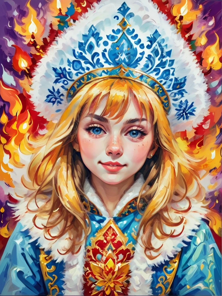 Role-playing game (RPG) style fantasy abstract expressionist painting full view portrait art of cute  girl wearing (flaming:0.4) kokoshnik, side view from, new year street celebration background, <lora:Kokoshnik:1.0>,  <lora:xl_more_art-full_v1:0.45> . energetic brushwork, bold colors, abstract forms, expressive, emotional . Detailed, vibrant, immersive, reminiscent of high fantasy RPG games