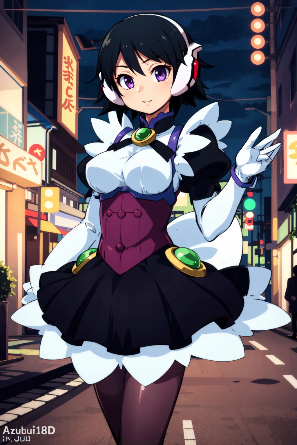 (masterpiece:1.2), best quality, ultra high res, unity 8k wallpaper, (illustration:1.0), (beautiful detailed eyes:1.6), extremely detailed face, Cinematic lighting, high contrast , clear color, (perfect hands,perfect anatomy), (dynamic angle and pose:1.3), best angle, (1girl, solo:1.5), smooth, simple, BREAK
corrector ai, shinozaki ai, black hair, (purple eyes:1.2), short hair, BREAK
puffy sleeves, purple pantyhose, gloves, white gloves, dress, robot ears, black dress, black skirt, BREAK
(night:1.4), (azabu juban:1.4), (downtown:1.4), (street:1.4), (walking:1.4),