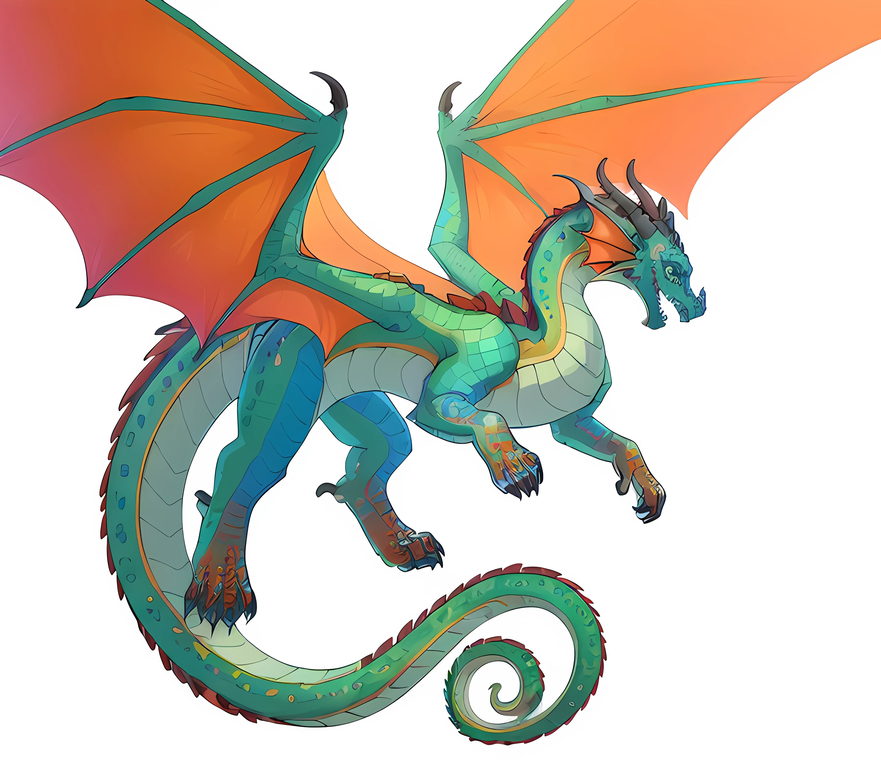 smiling, ((high resolution illustration)), ((extremely detailed)), (masterpiece), (Dragon Glory:1), smiling, (flying:1), (white background:1.4), (cute), adorable, <lora:Dragon Glory:0.9>, green body, orange paws, orange wings, rainbow dragon, dragon, four legs, green eyes