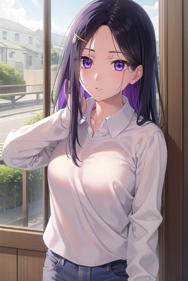 sayuriakino, <lora:sayuri akino manga-lora-nochekaiser:1>,
sayuri akino, long hair, hair ornament, hairclip, purple hair, (purple eyes:1.1), (forehead:1.2),
BREAK shirt, white shirt, collared shirt, sweater, black sweater,
BREAK indoors, classroom,
BREAK looking at viewer, (cowboy shot:1.5),
BREAK <lyco:GoodHands-beta2:1>, (masterpiece:1.2), best quality, high resolution, unity 8k wallpaper, (illustration:0.8), (beautiful detailed eyes:1.6), extremely detailed face, perfect lighting, extremely detailed CG, (perfect hands, perfect anatomy),