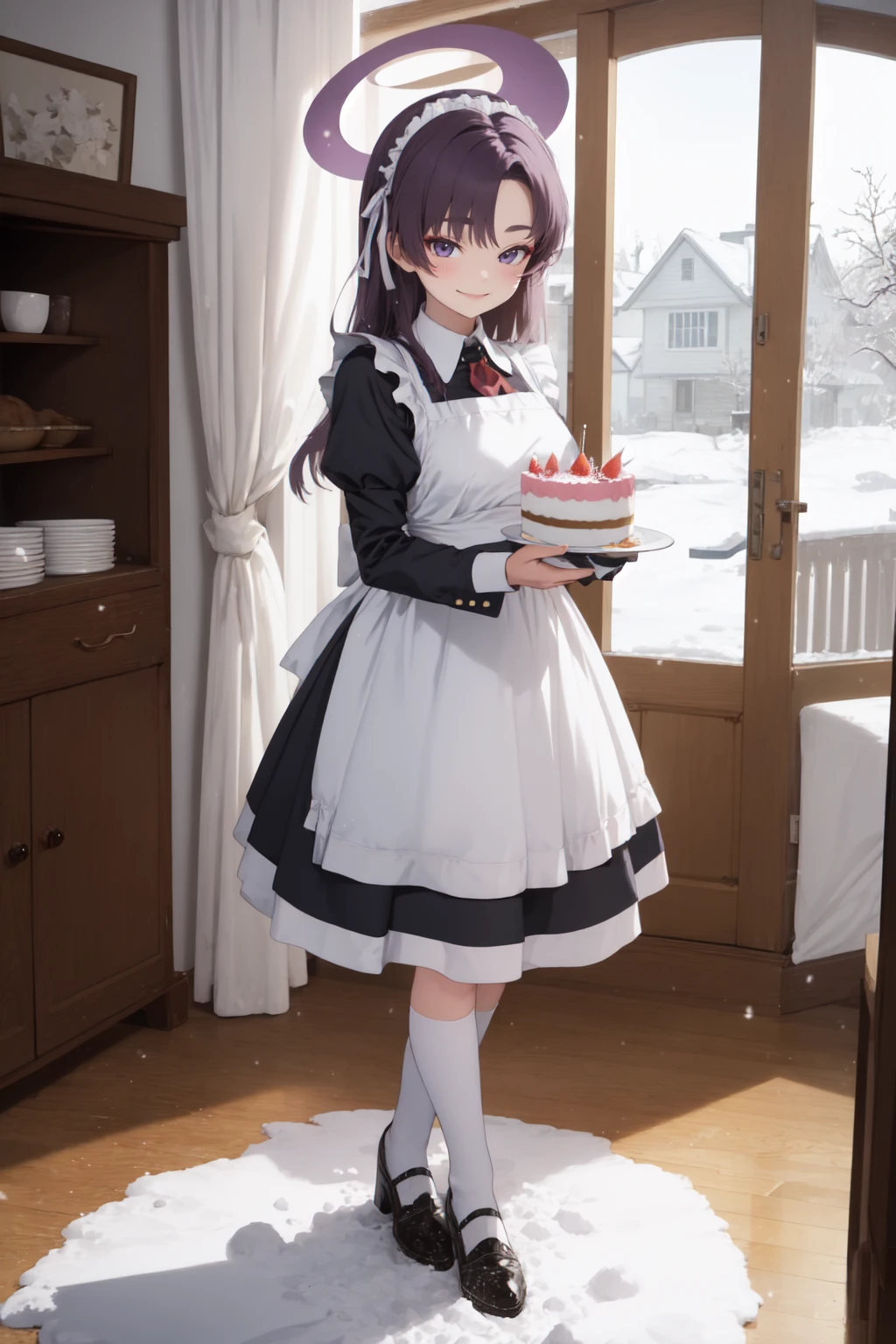 (masterpiece:1.3), (absurdres:1.3), (best quality:1.3), (ultra-detailed:1.3), snow, indoors, standing, full body, smile, <lora:yukari-fi-08:1>, 1girl, yukari-fi, purple hair, halo, maid, maid headdress, maid apron, (holding cake:1.2),