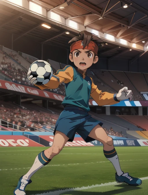 best quality, masterpiece, highres, detailed, digital artwork, <lora:Detail - add_detail:0.2>, EndouMamoru, 1boy, brown hair,  short hair, brown eyes, sportswear, raimon, headband, full body, long sleeves, white gloves, stadium, field, ecstatic, jojo pose, kicking soccer ball,  <lora:Character - EndouMamoru:0.9>