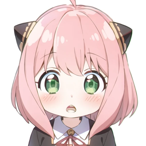 anya \(spy x family\), 1girl, solo, female child, green eyes, pink hair, open mouth, blush, school uniform, eden academy school uniform, looking at viewer, child, shirt, bangs, hairpods, collared shirt, :o, simple background, ahoge, medium hair, white background, white shirt, meme, parody,<lora:anya1.5v1:0.9>